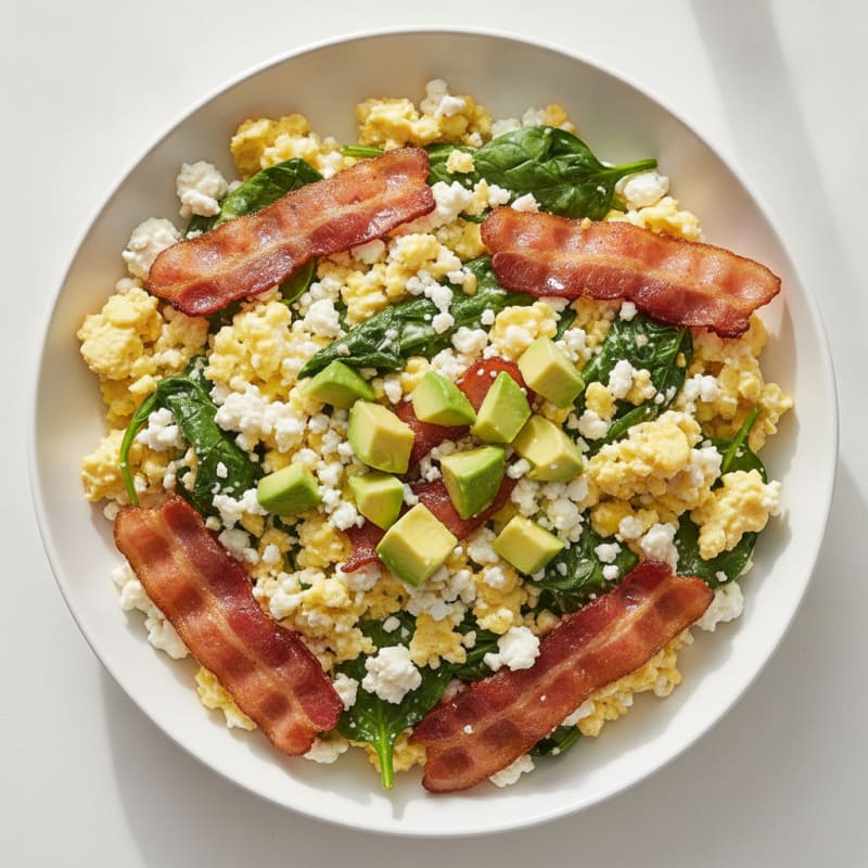 Cottage Cheese Egg Scramble with Spinach and Turkey Bacon
