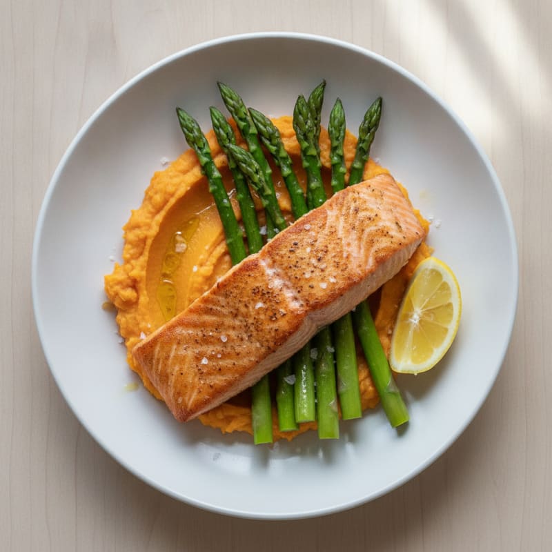 Seared Salmon Fillet with Steamed Asparagus and Sweet Potato Mash