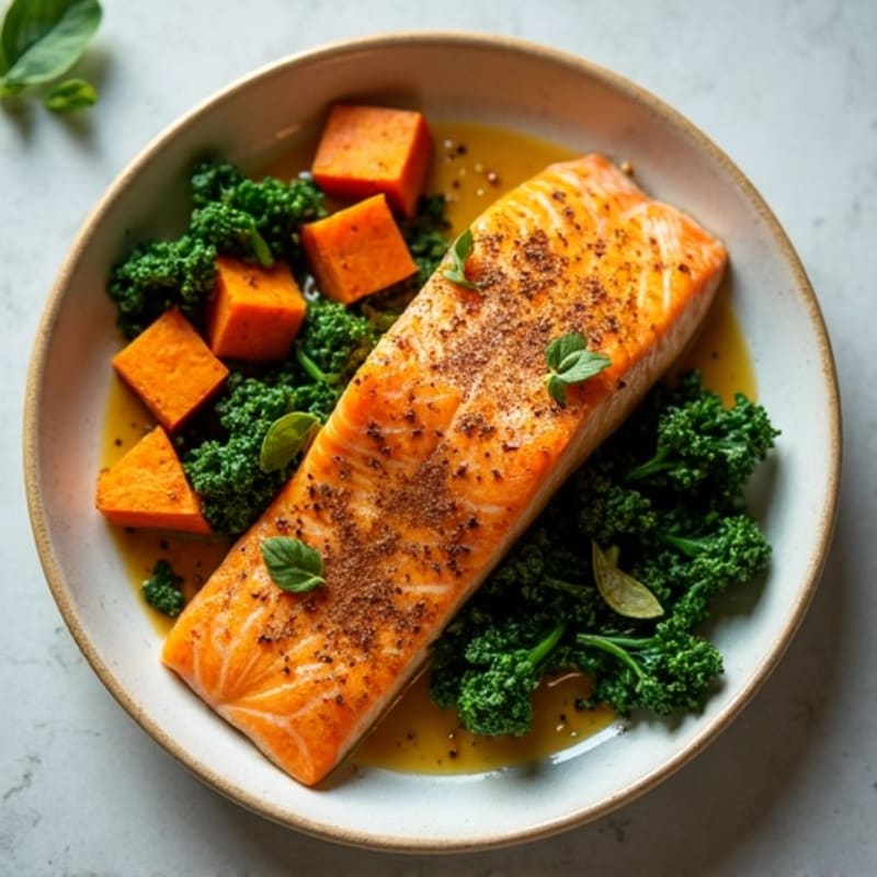Turmeric-Ginger Salmon with Roasted Sweet Potato and Kale
