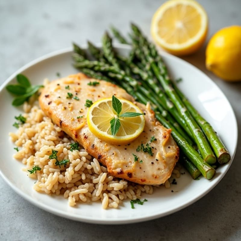 Zesty Lemon Herb Shredded Chicken with Roasted Asparagus and Brown Rice