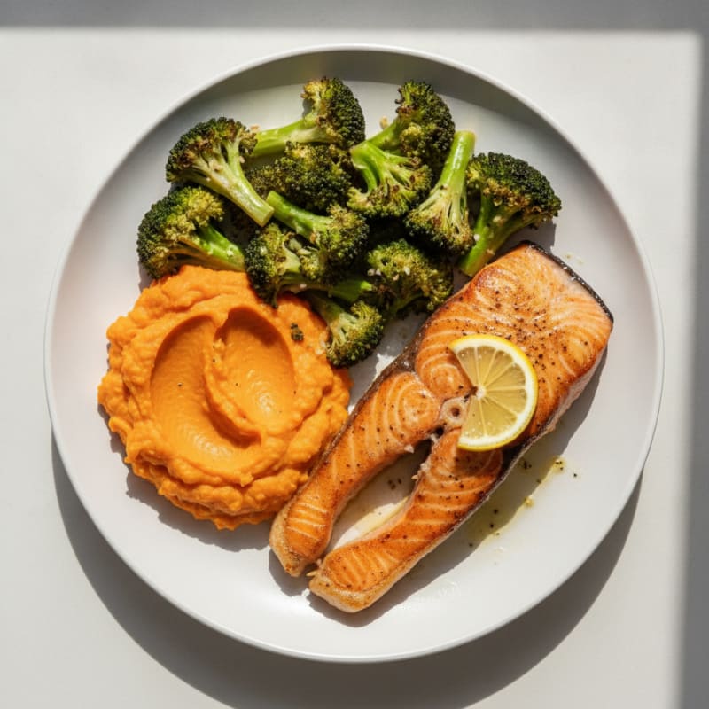 Seared Salmon with Roasted Broccoli and Sweet Potato Mash