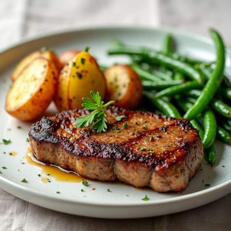 Pan-Seared Steak with Garlic Herb Crispy Roasted Potatoes and Tender Green Beans
