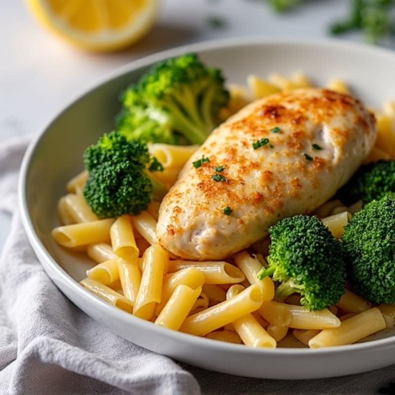 Lemon Garlic Chicken Pasta with Crispy Roasted Broccoli