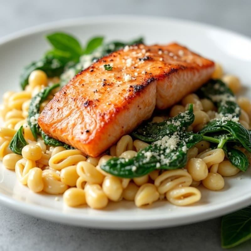 Seared Salmon with Creamy Chickpea Pasta