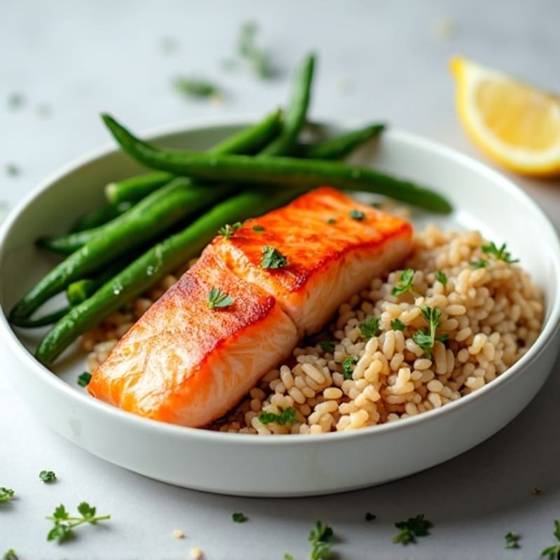 Seared Salmon with Steamed Green Beans and Brown Rice