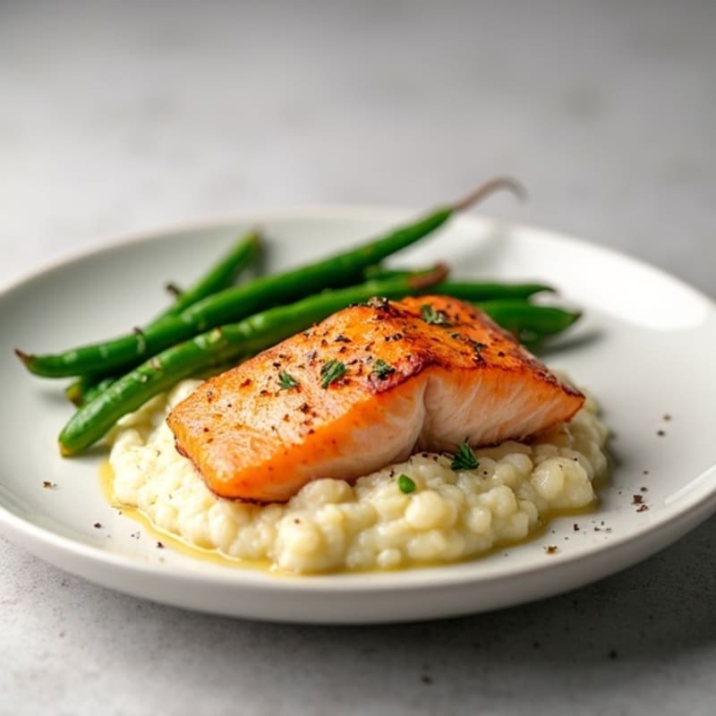 Seared Salmon with Steamed Green Beans and Cauliflower Mash