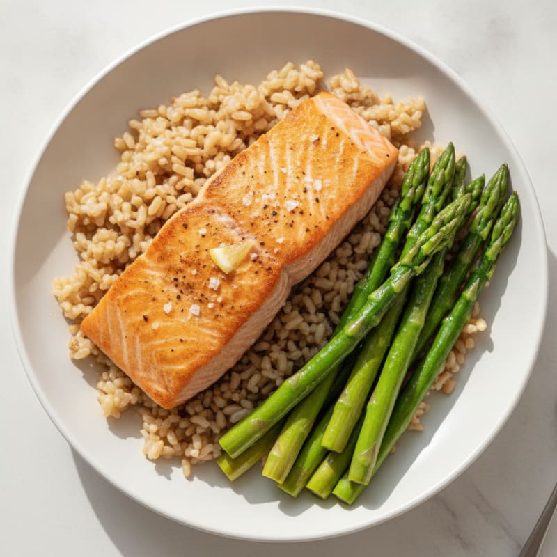 Seared Salmon with Steamed Asparagus and Brown Rice