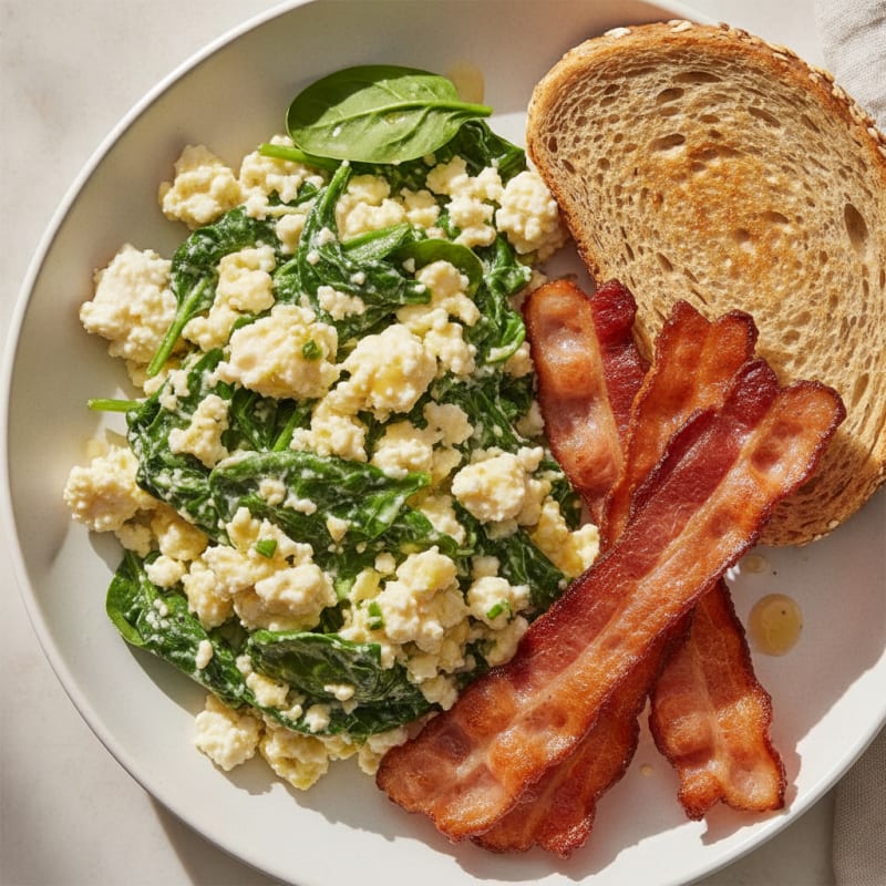 Cottage Cheese Scramble with Spinach and Turkey Bacon