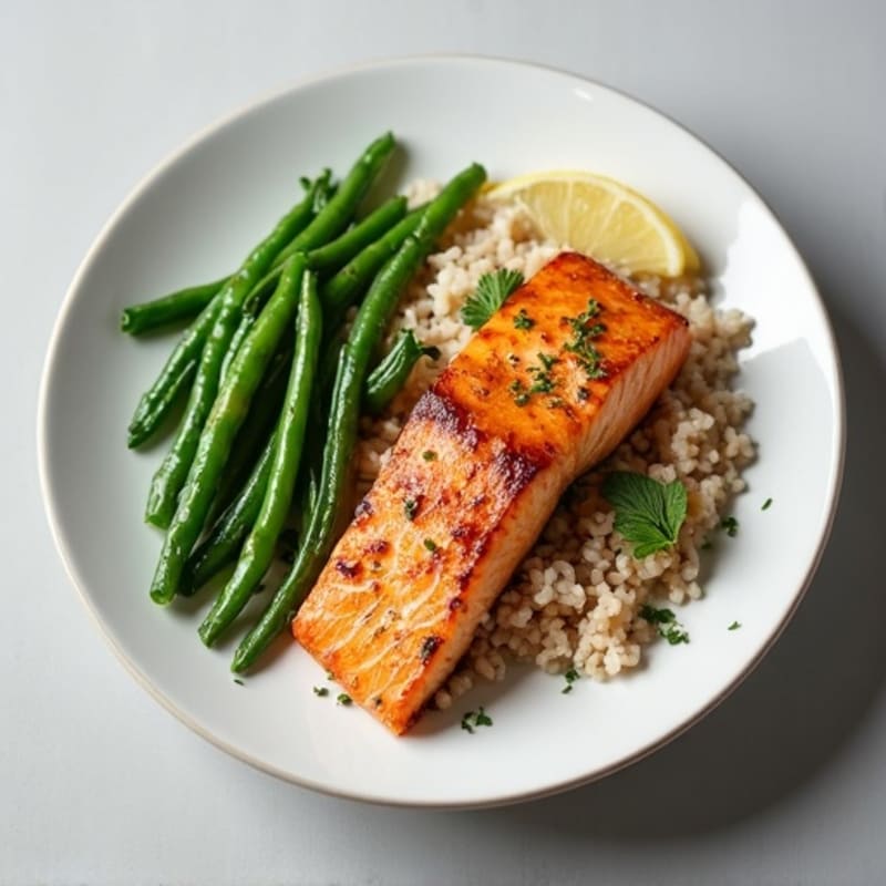 Seared Salmon Fillet with Steamed Green Beans and Brown Rice