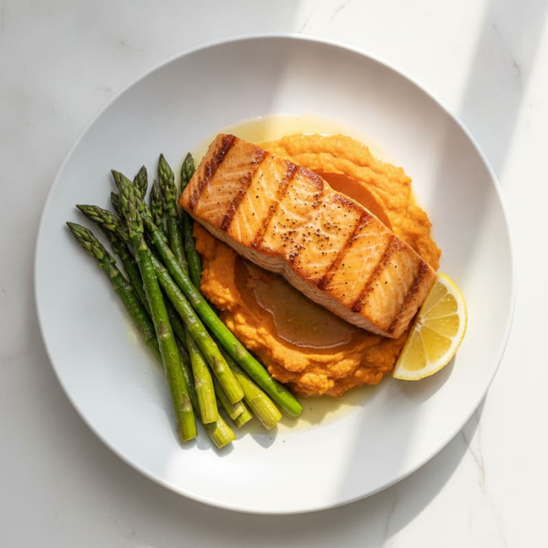 Seared Salmon Fillet with Roasted Asparagus and Sweet Potato Mash