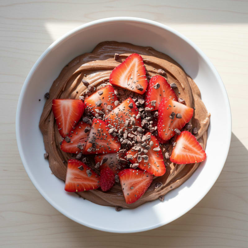 Greek Yogurt with Chocolate Protein Powder and Sliced Strawberries
