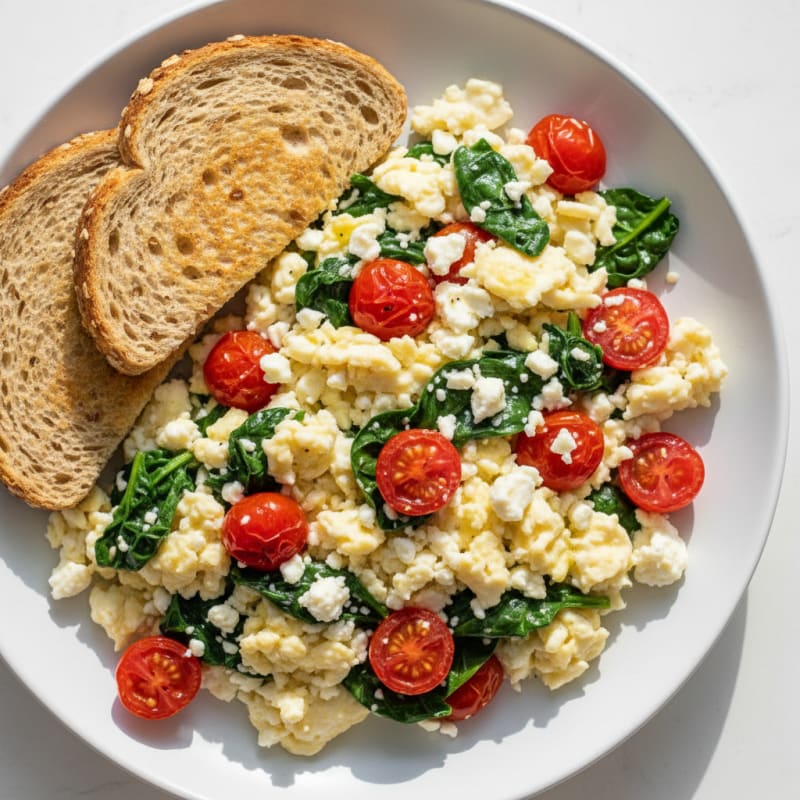 Egg White and Spinach Scramble with Feta and Cherry Tomatoes