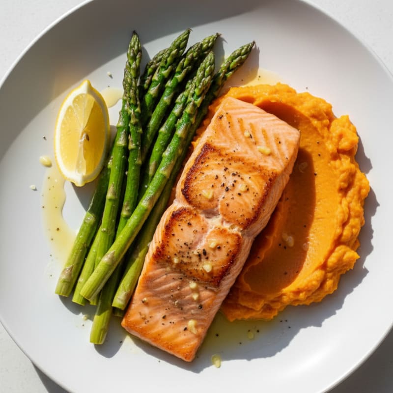 Seared Salmon with Roasted Asparagus and Sweet Potato Mash