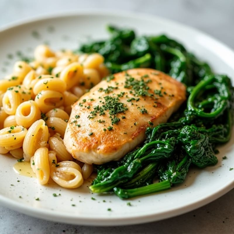 Lemon Herb Chicken and Whole Wheat Pasta with Sautéed Spinach