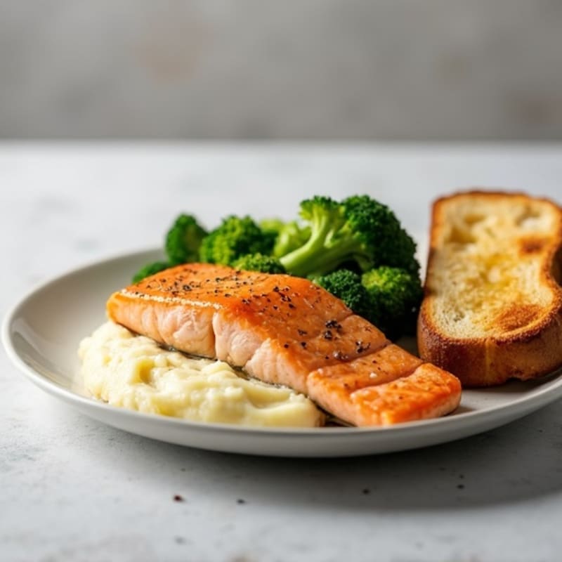 Pan-Seared Salmon with Roasted Broccoli, Creamy Mashed Potatoes, and Crispy Garlic Toast