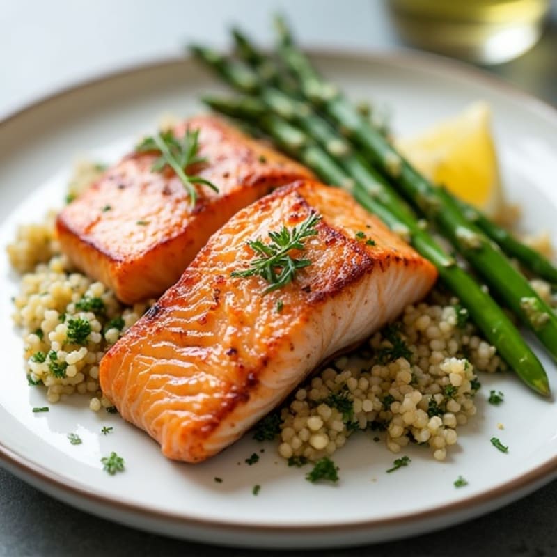 Seared Salmon Fillet with Steamed Asparagus and Herb-Quinoa Pilaf