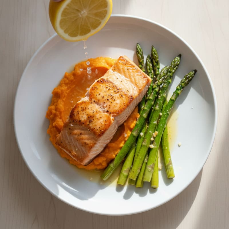 Seared Salmon Fillet with Roasted Asparagus and Sweet Potato Mash
