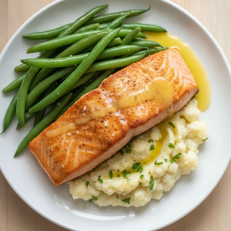 Seared Salmon with Steamed Green Beans and Garlic Mashed Cauliflower