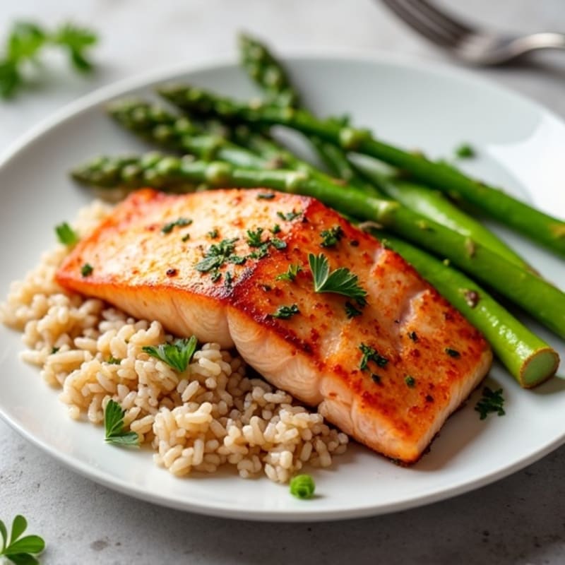 Seared Salmon with Steamed Asparagus and Brown Rice