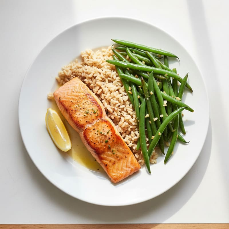 Seared Salmon with Garlic Green Beans and Brown Rice