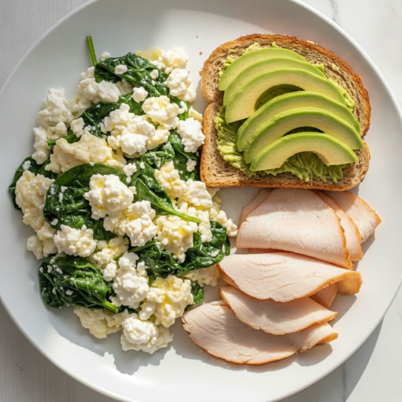 Egg White Spinach Scramble with Cottage Cheese and Sliced Turkey