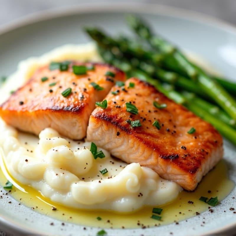 Seared Salmon Fillet with Steamed Asparagus and Cauliflower Mash