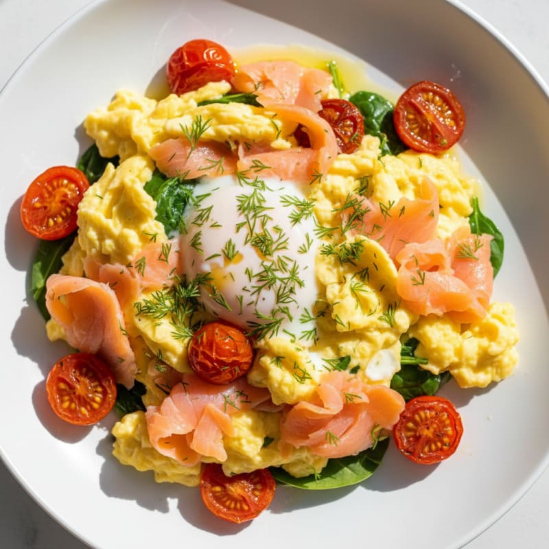 Scrambled Eggs with Smoked Salmon and Roasted Tomatoes
