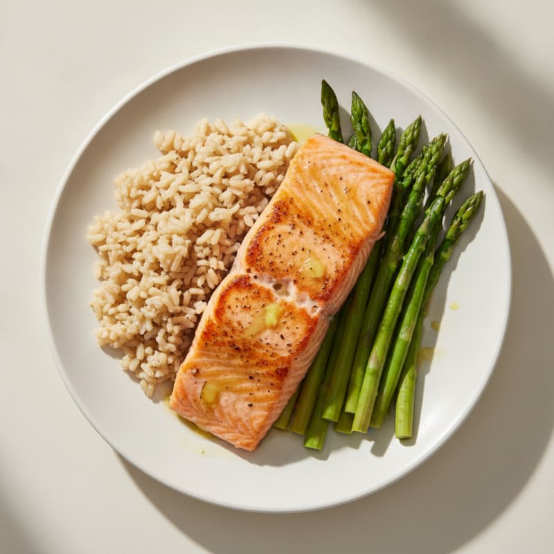 Seared Salmon with Steamed Asparagus and Brown Rice