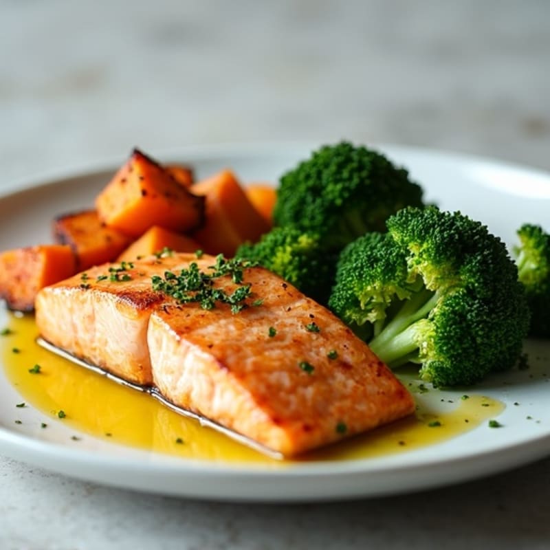 Pan Seared Salmon with Roasted Sweet Potatoes and Steamed Broccoli