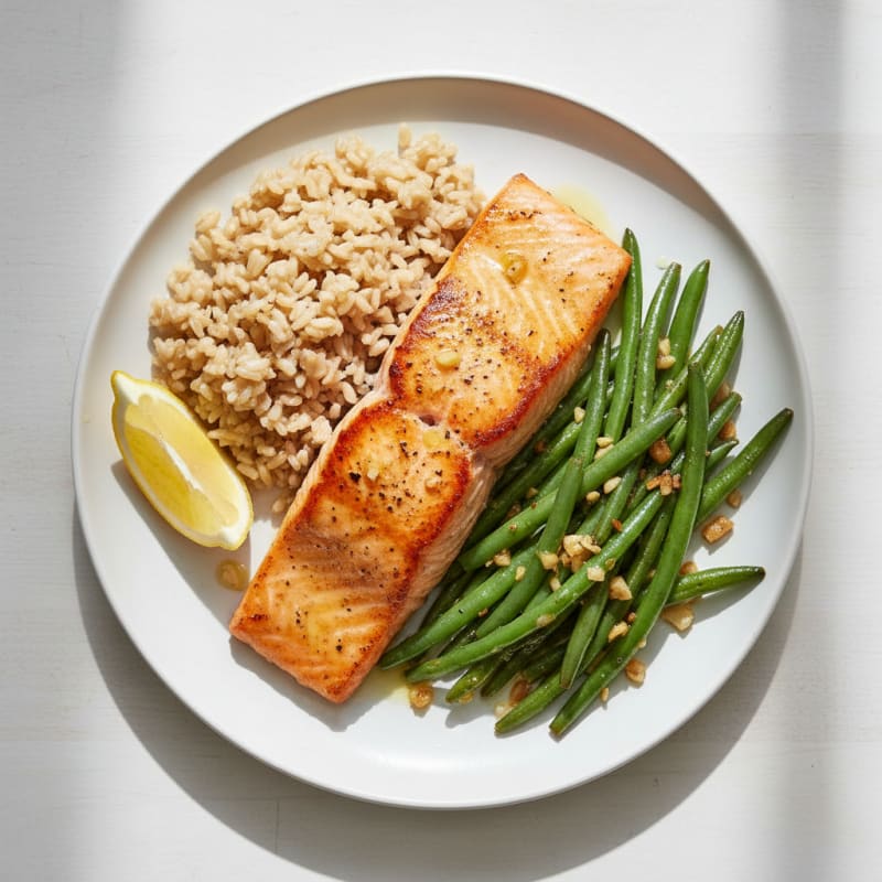 Seared Salmon with Garlic Green Beans and Brown Rice
