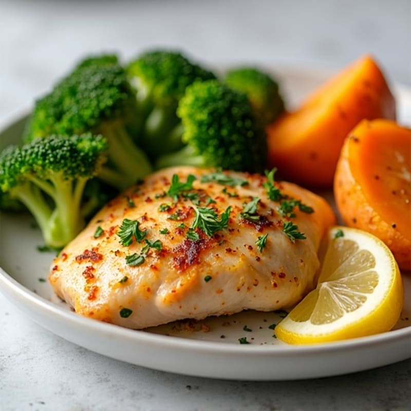 Lemon Herb Roasted Chicken with Crispy Broccoli and Sweet Potato