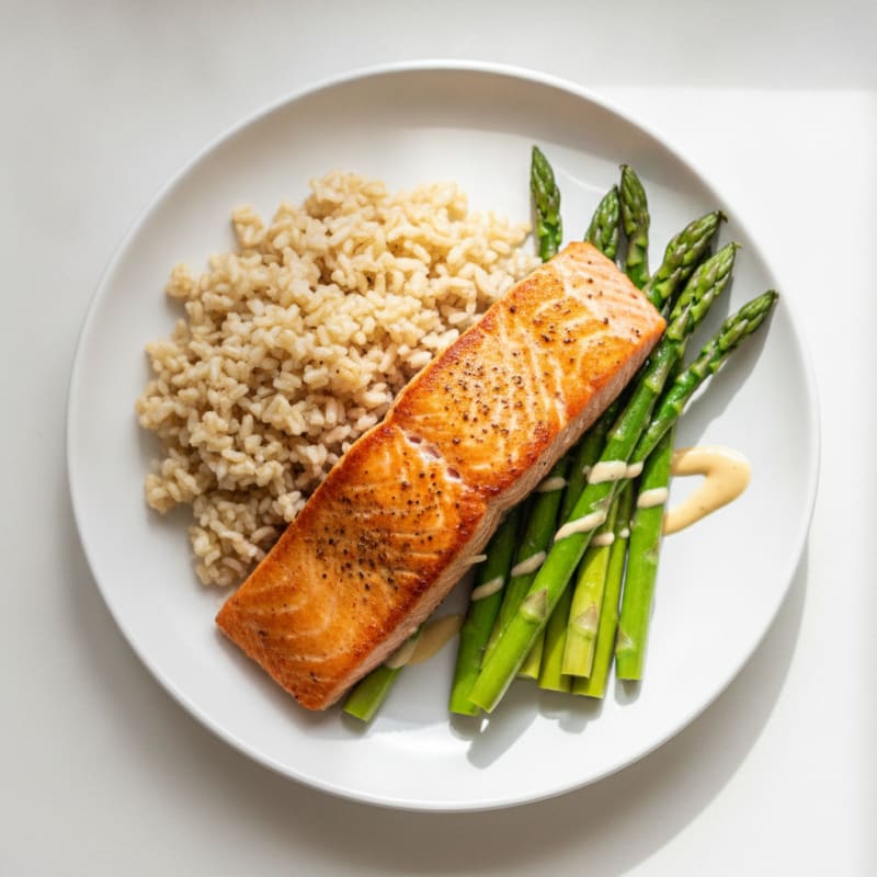 Seared Salmon with Steamed Asparagus and Brown Rice