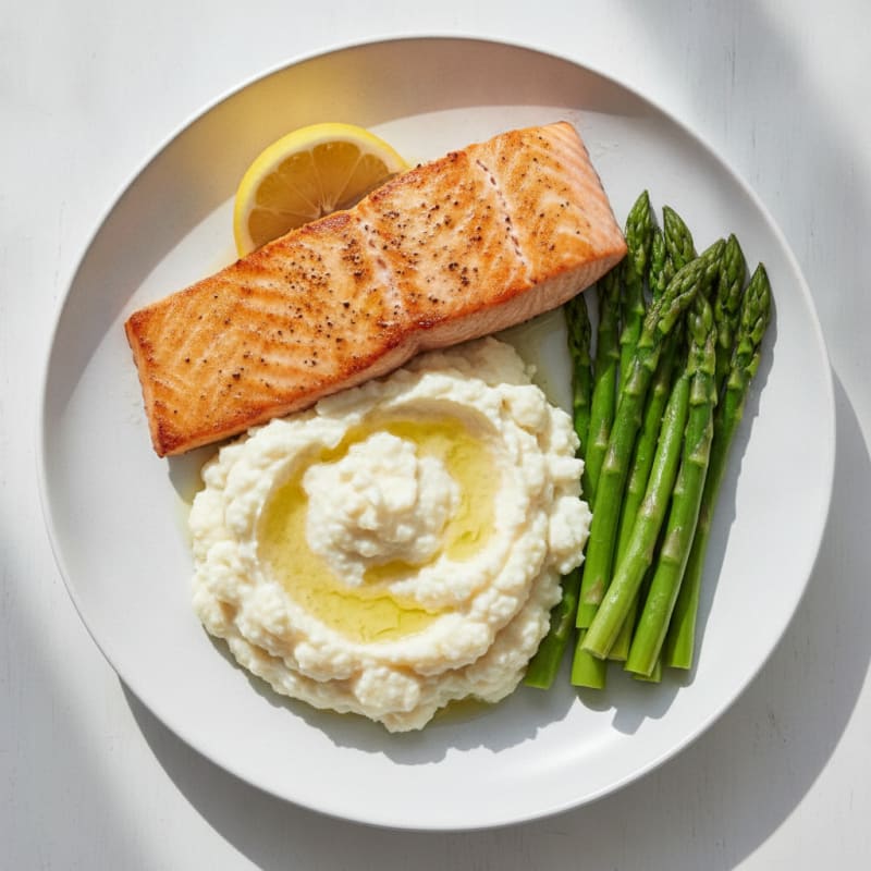 Seared Salmon with Steamed Asparagus and Cauliflower Mash