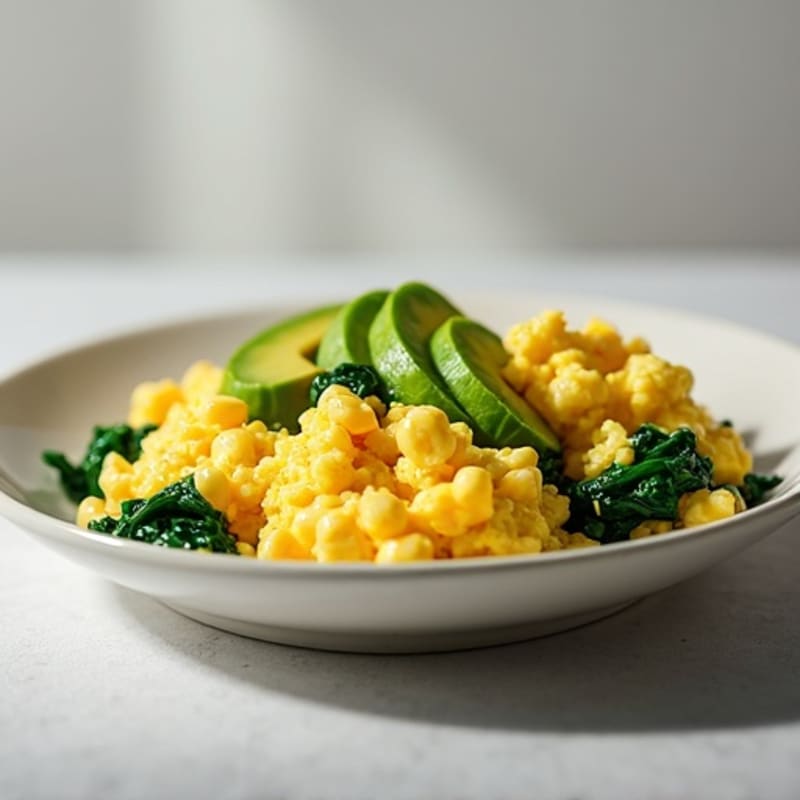 Fluffy Scrambled Eggs with Sautéed Spinach and Avocado