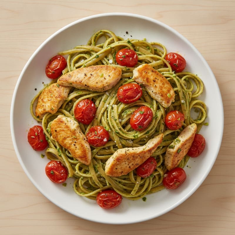 Pesto Chicken Linguine with Blistered Tomatoes
