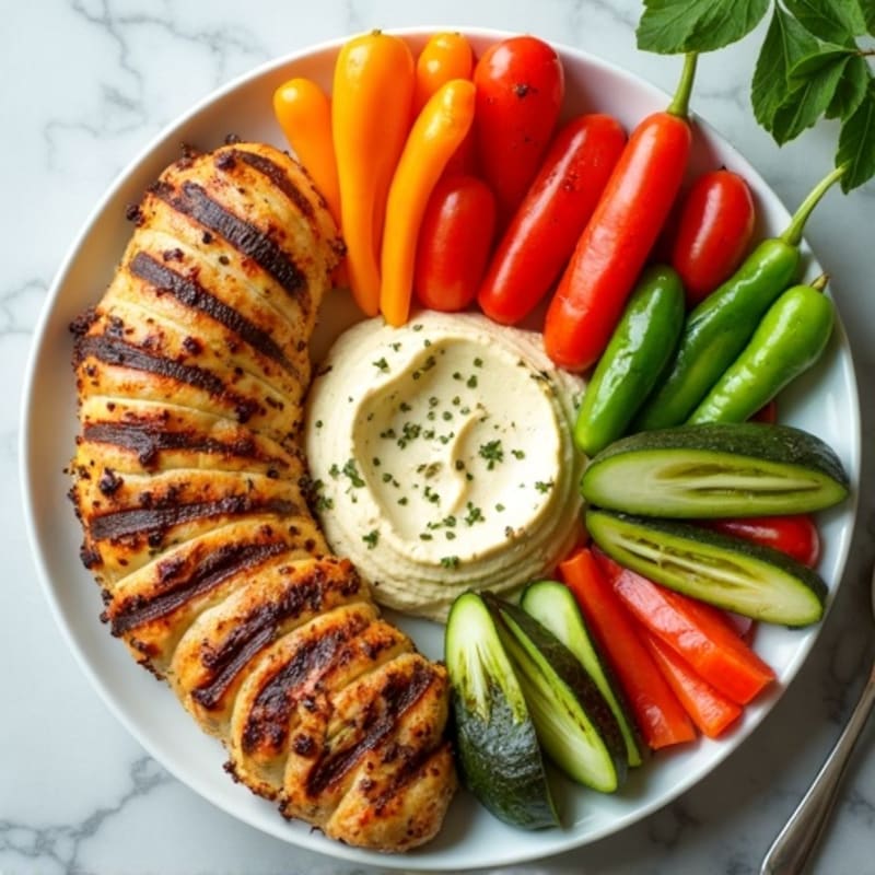 Grilled Chicken and Creamy Hummus Platter with Fresh Crispy Vegetables