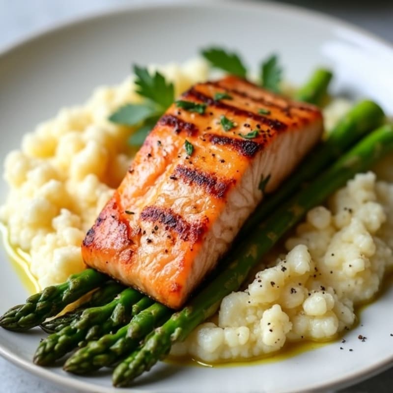 Seared Salmon with Roasted Asparagus and Cauliflower Mash