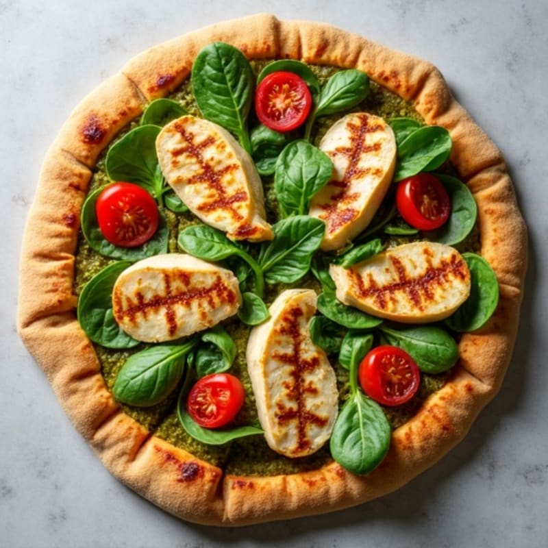Whole Wheat Chicken Pesto Pizza with Fresh Spinach and Roasted Tomatoes