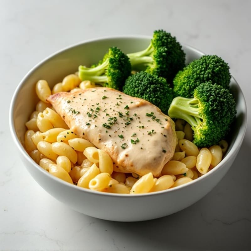 Creamy Garlic Chicken Alfredo with Protein Pasta and Roasted Broccoli
