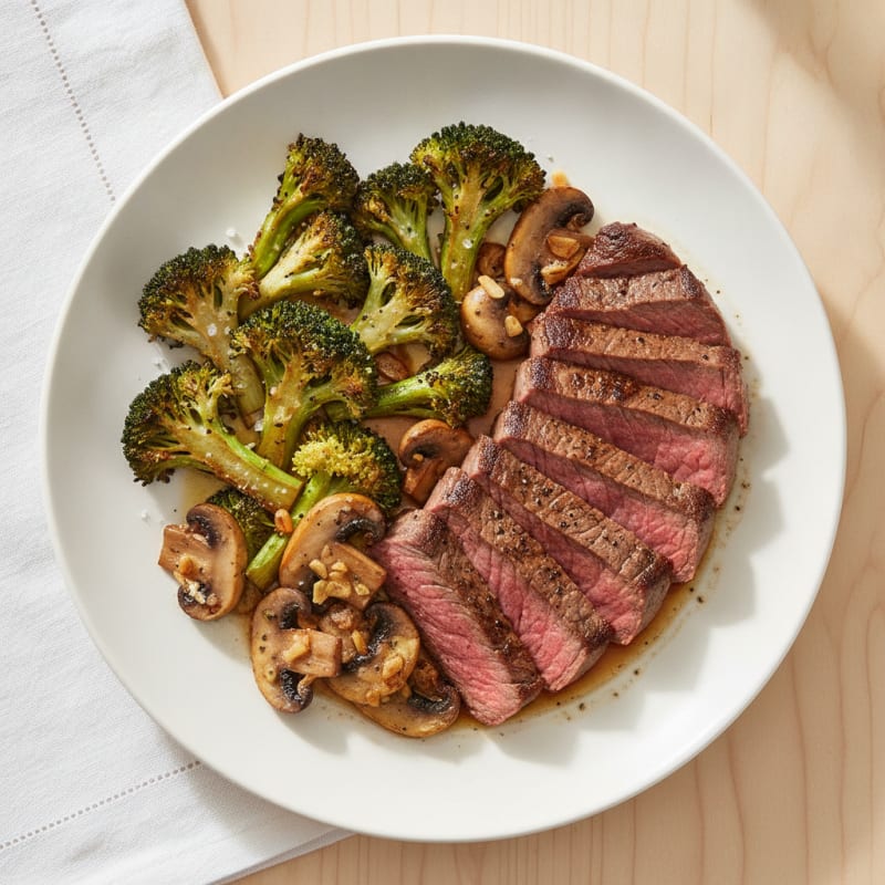 Seared Sirloin with Roasted Broccoli and Garlic Mushrooms
