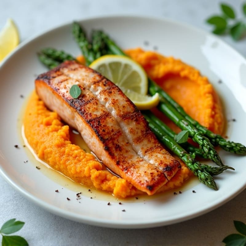 Seared Salmon Fillet with Roasted Asparagus and Sweet Potato Mash