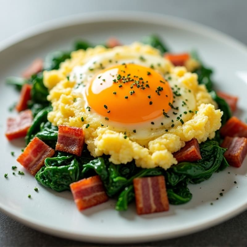 Cottage Cheese Egg Scramble with Sautéed Spinach and Turkey Bacon