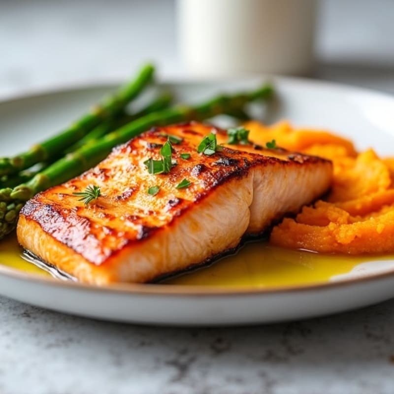 Seared Salmon with Steamed Asparagus and Sweet Potato Mash