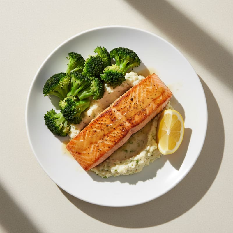 Seared Salmon with Steamed Broccoli and Garlic Cauliflower Mash