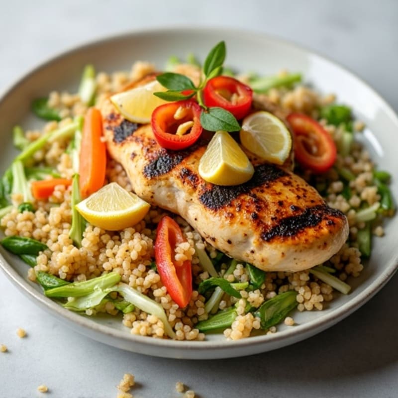 Grilled Chicken Breast with Crunchy Cabbage Slaw and Quinoa