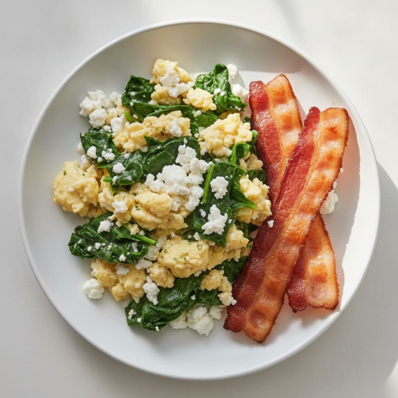 Cottage Cheese Egg Scramble with Spinach and Turkey Bacon