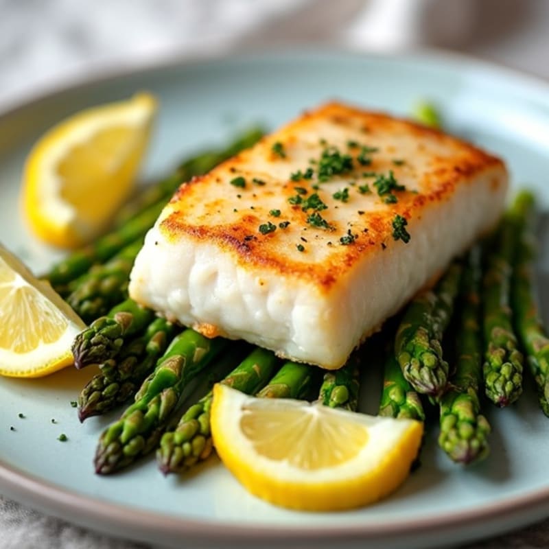 Seared Cod Fillet with Roasted Asparagus and Lemon