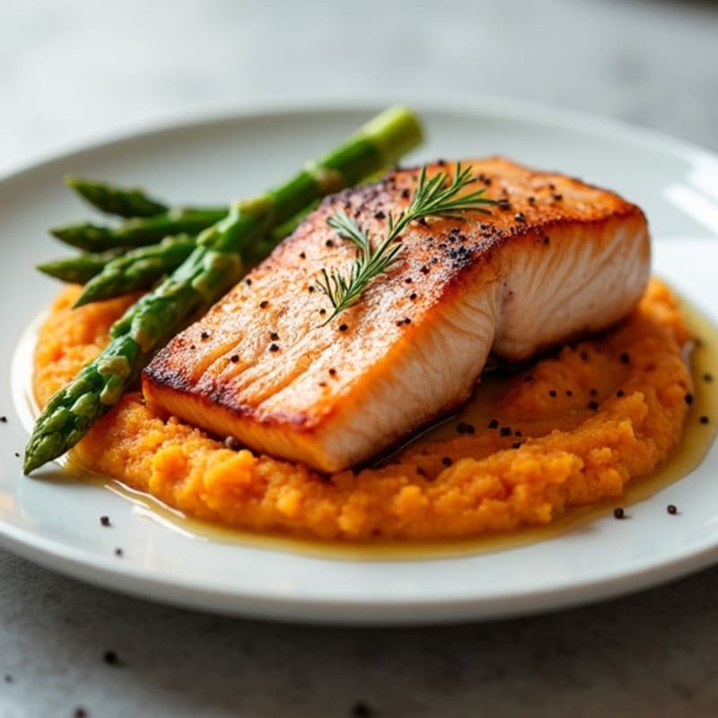 Seared Salmon with Steamed Asparagus and Sweet Potato Mash