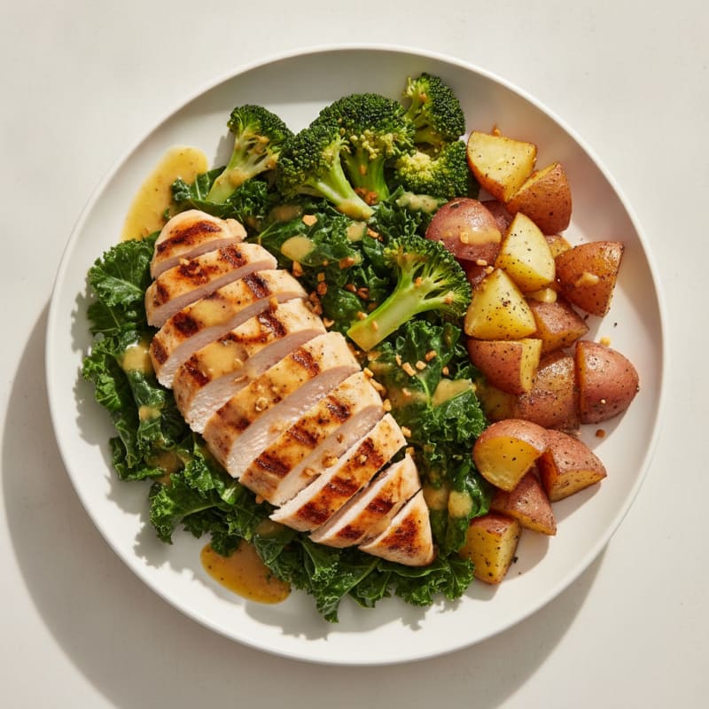 Grilled Chicken Breast Salad with Kale, Broccoli and Red Potatoes