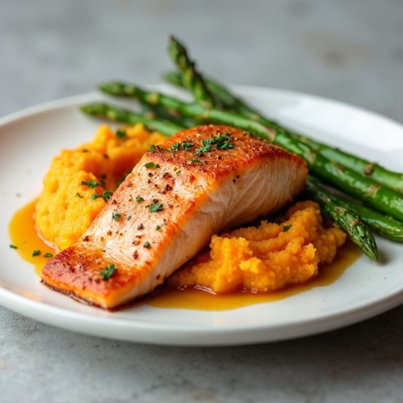 Seared Salmon with Steamed Asparagus and Sweet Potato Mash